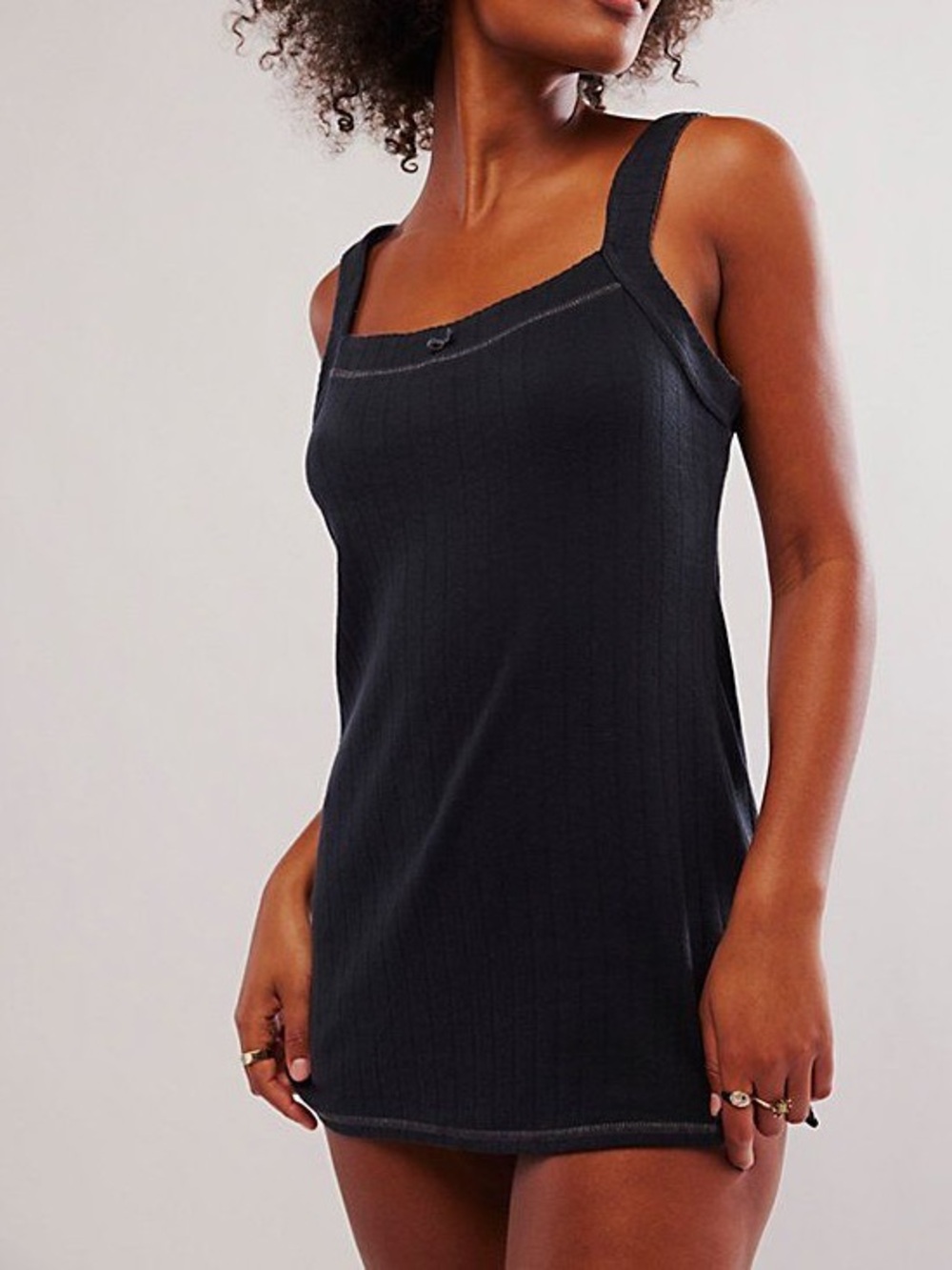 Free People End Game Pointelle Nightie Navy Ribbed Mini Dress Sz Medium NEW